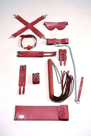 Red Faux Leather Restraint Play Kit Blindfold Mouth Ball Whip