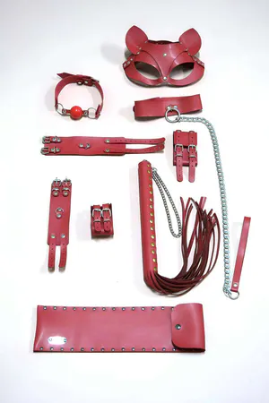 Red Faux Leather Play Set with Cat Mask, Collar, Cuffs, Gag, Flogger and Storage Wrap
