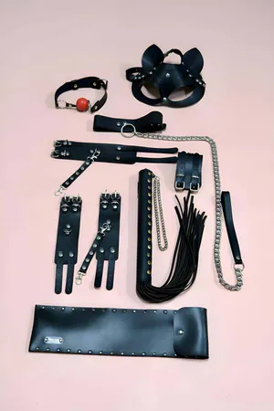 Black Faux Leather Fantasy Accessories Set Cat Mask Restraints Flogger
