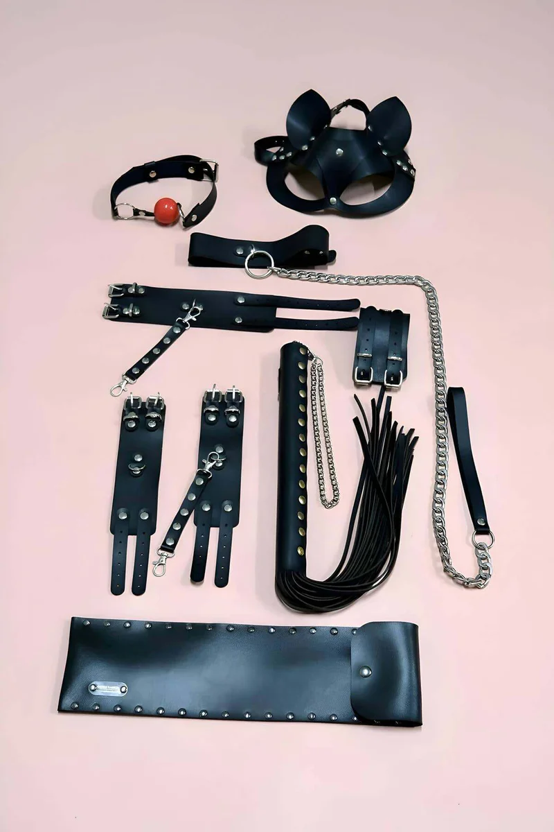 Black Faux Leather Fantasy Accessories Set Cat Mask Restraints Flogger