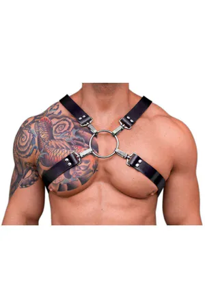 Black Faux Leather X-Strap Body Harness with O-Ring