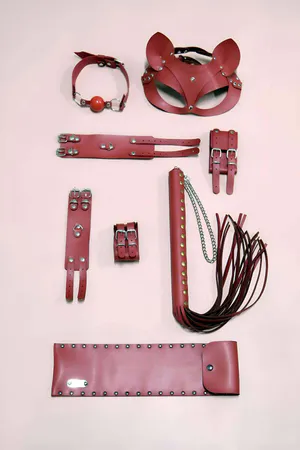 Red Vegan Leather Accessory Set with Cat Mask, Ball Gag, Cuffs and Flogger