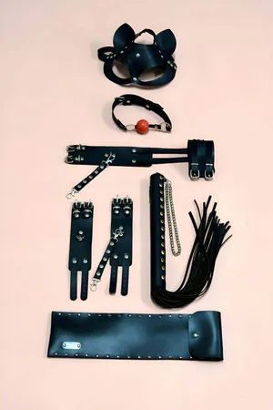 Black Faux Leather Accessory Set with Cat Mask Gag Cuffs Flogger