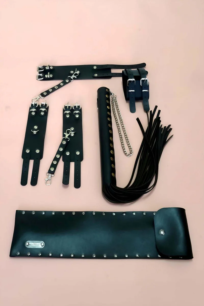 Black Faux Leather Bondage Set with Cuffs, Whip, Holster and Bag