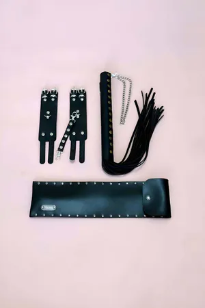 Black Faux Leather Handcuffs Whip Set with Studded Case