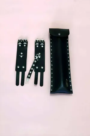 Black Faux Leather Handcuffs Whip Set with Studded Case