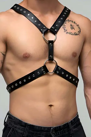 Black Rivet Studded Faux Leather Chest Harness Silver O-Rings