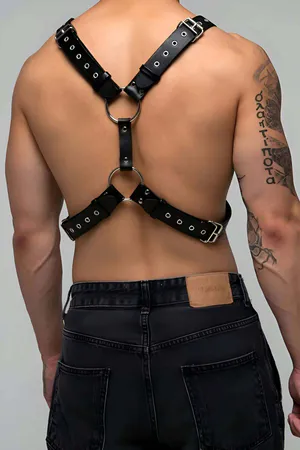 Black Rivet Studded Faux Leather Chest Harness Silver O-Rings