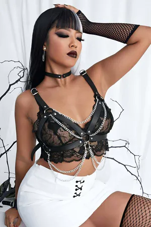 Black faux leather chain chest harness with silver O-rings