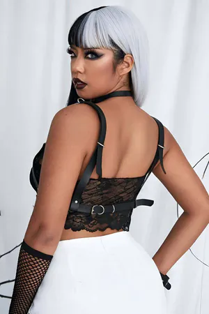 Black faux leather chain chest harness with silver O-rings
