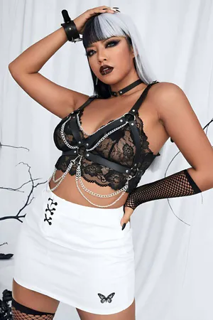 Black faux leather chain chest harness with silver O-rings