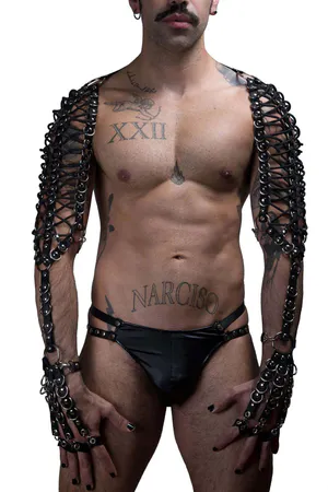 Black lace-up faux leather arm harness with O-ring details