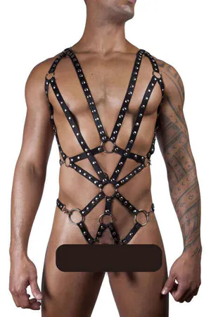 Black Faux Leather Full Body Harness with Silver Studs and O-Rings
