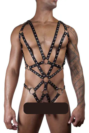 Black Faux Leather Full Body Harness with Silver Studs and O-Rings