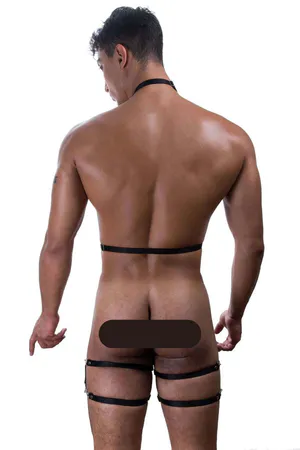 Black faux leather full body harness with O-ring hardware and adjustable straps
