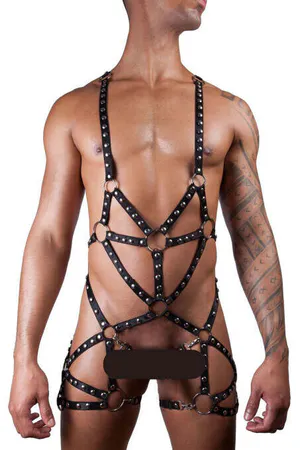Black vegan leather studded full body harness with O-rings