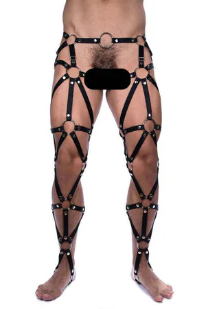 Black Faux Leather Full Leg Harness with O-Ring Accents
