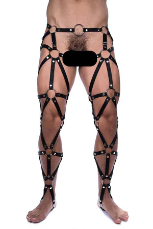 Black Faux Leather Full Leg Harness with O-Ring Accents