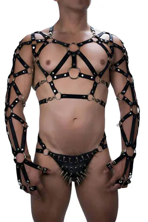 Black Faux Leather Spiked Full Body Harness Set Women Adjustable Straps