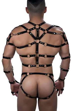 Black Faux Leather Spiked Full Body Harness Set Women Adjustable Straps