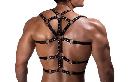 Black Faux Leather Full Body Harness with Silver Studs and O-Rings