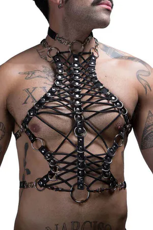 Black Faux Leather Strappy Body Harness with Choker and Chain Detail