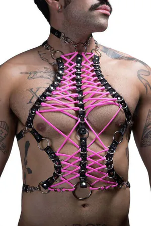 Pink laced black faux leather chest harness with O-rings
