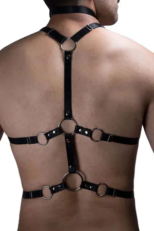 Pink laced black faux leather chest harness with O-rings