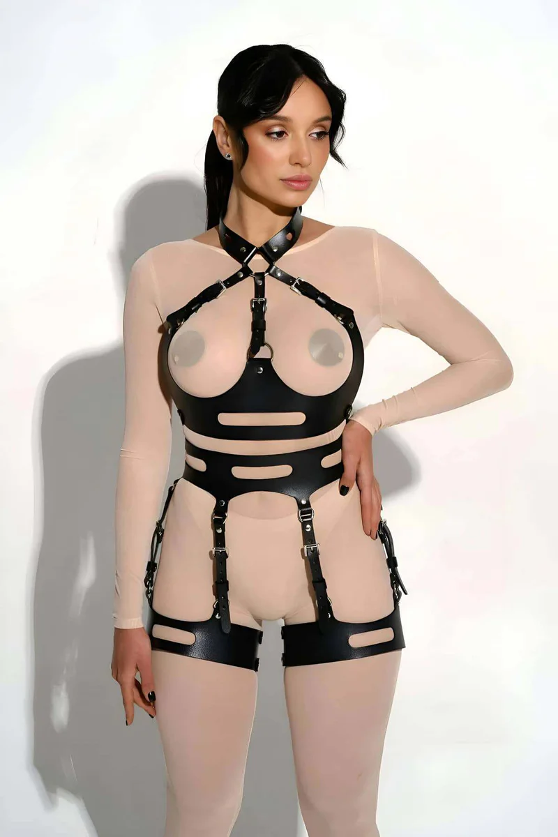 Black Faux Leather Cage Harness Top