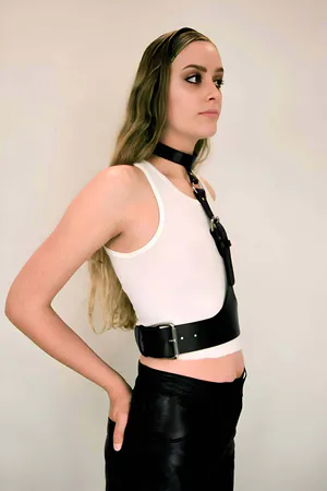 Black faux leather body harness with adjustable buckle and choker