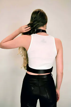 Black faux leather body harness with adjustable buckle and choker