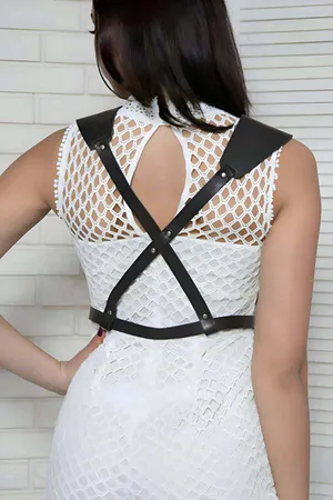 Black Faux Leather Adjustable Body Harness with Silver Buckles