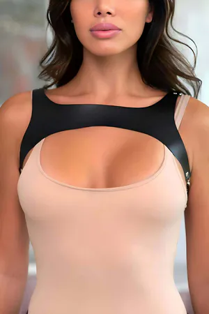Black faux leather adjustable chest harness with cutout detail