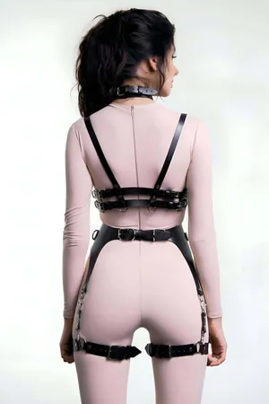 Black Faux Leather Body Harness Set Women Open Cup Chest & Garter Straps