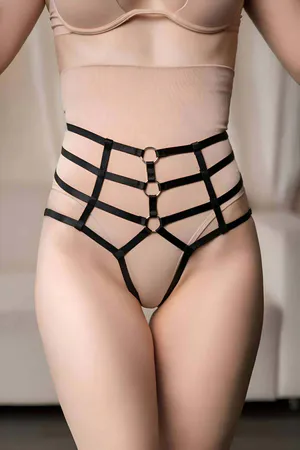 Black High Waist Crotchless Harness Thong Women with O-Rings