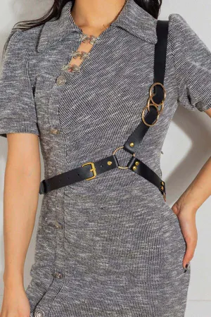 Black Faux Leather Asymmetric Chest Harness Gold O-Rings