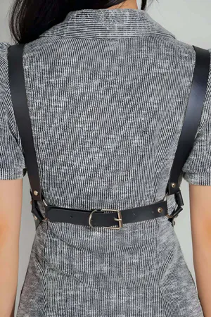 Black faux leather studded O-ring body harness with adjustable straps