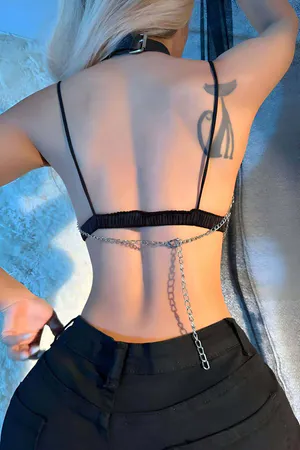 Silver chain body harness with black faux leather choker