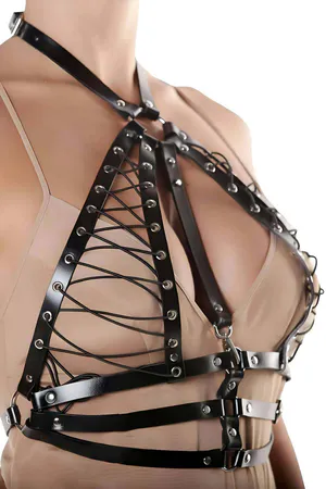 Black Faux Leather Lace-Up Chest Harness Bra with Adjustable Straps