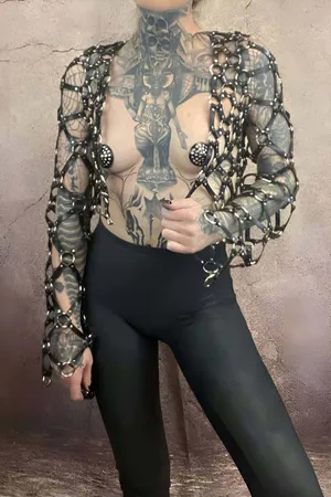 Black Faux Leather Full Body Harness with Mesh Sleeves and Silver O-Rings