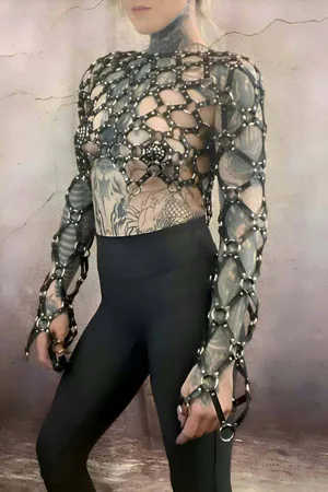 Black Faux Leather Full Body Harness with Mesh Sleeves and Silver O-Rings