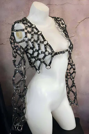 Black Faux Leather Full Body Harness with Mesh Sleeves and Silver O-Rings