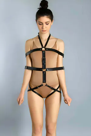 Black Faux Leather Full Body Harness Women Adjustable Straps O-Ring Chain
