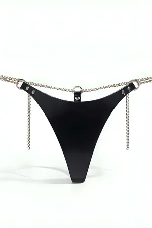 Black Faux Leather Thong Harness with Silver Waist Chain Men's Fashion
