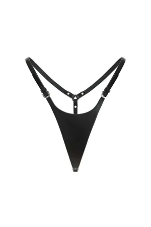 Black Faux Leather G-String Thong Adjustable Straps Silver O-Rings