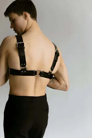 Black Faux Leather O-Ring Chest Harness with Adjustable Straps