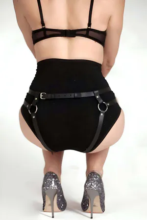 Black Faux Leather Thigh Harness Panty O-Ring Details