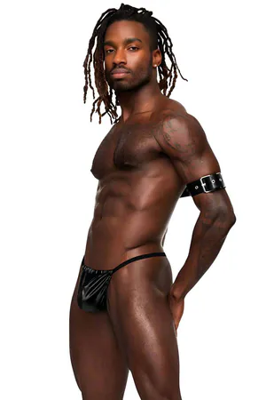 Black Faux Leather Adjustable Arm Harness with Silver O-Rings