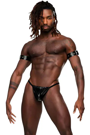 Black Faux Leather Adjustable Arm Harness with Silver O-Rings