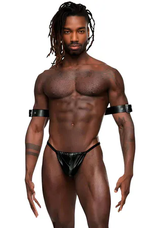 Black Faux Leather Adjustable Arm Harness with Silver O-Rings